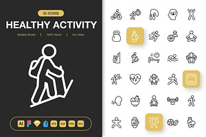Health Activity Icons, an Outline Icon by Spacepixel Creative