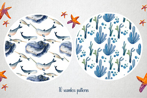 Watercolor Whales & Patterns