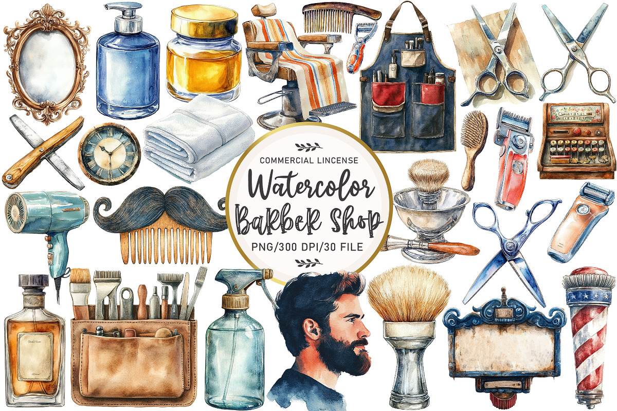 Watercolor Barber Shop Clipart, an Illustration by OK Design (Photo 1 of 5)