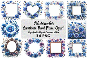 Cornflower Floral Frames Clipart, an Illustration by Daily.Designs