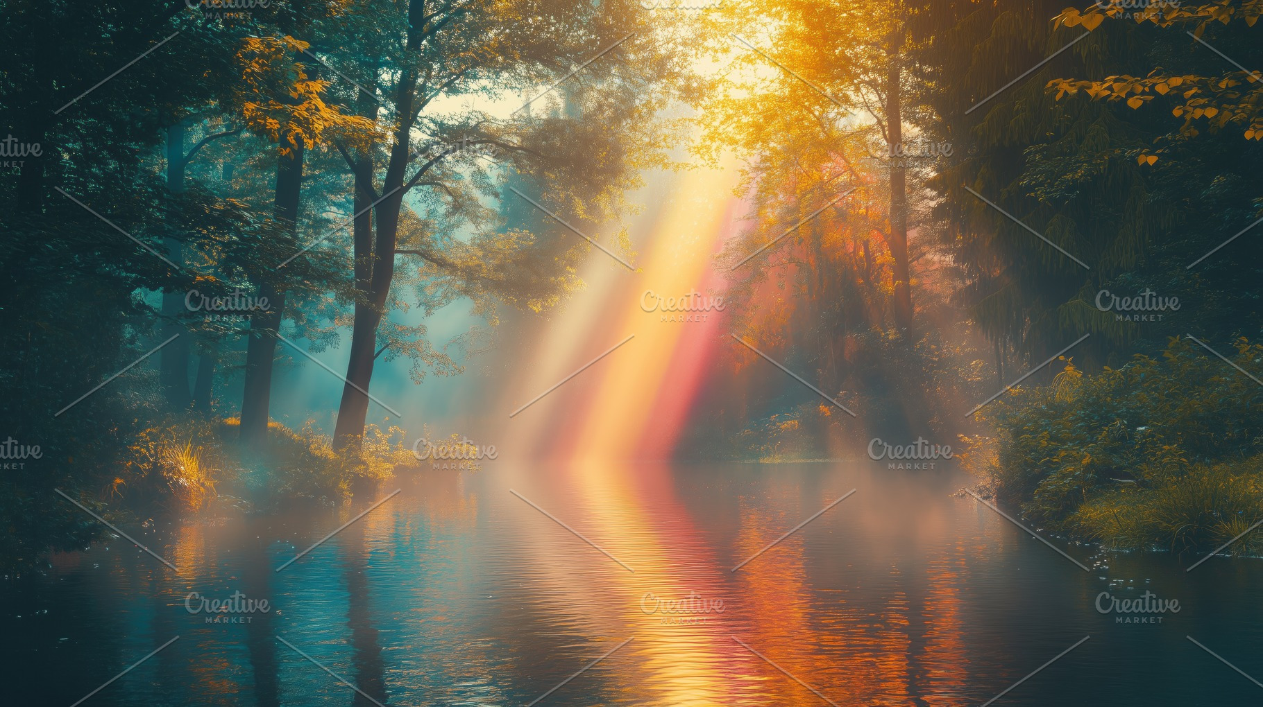 A serene forest scene with sunlight streaming through the trees, casting colorf, a Photo by Textures & Backgrounds