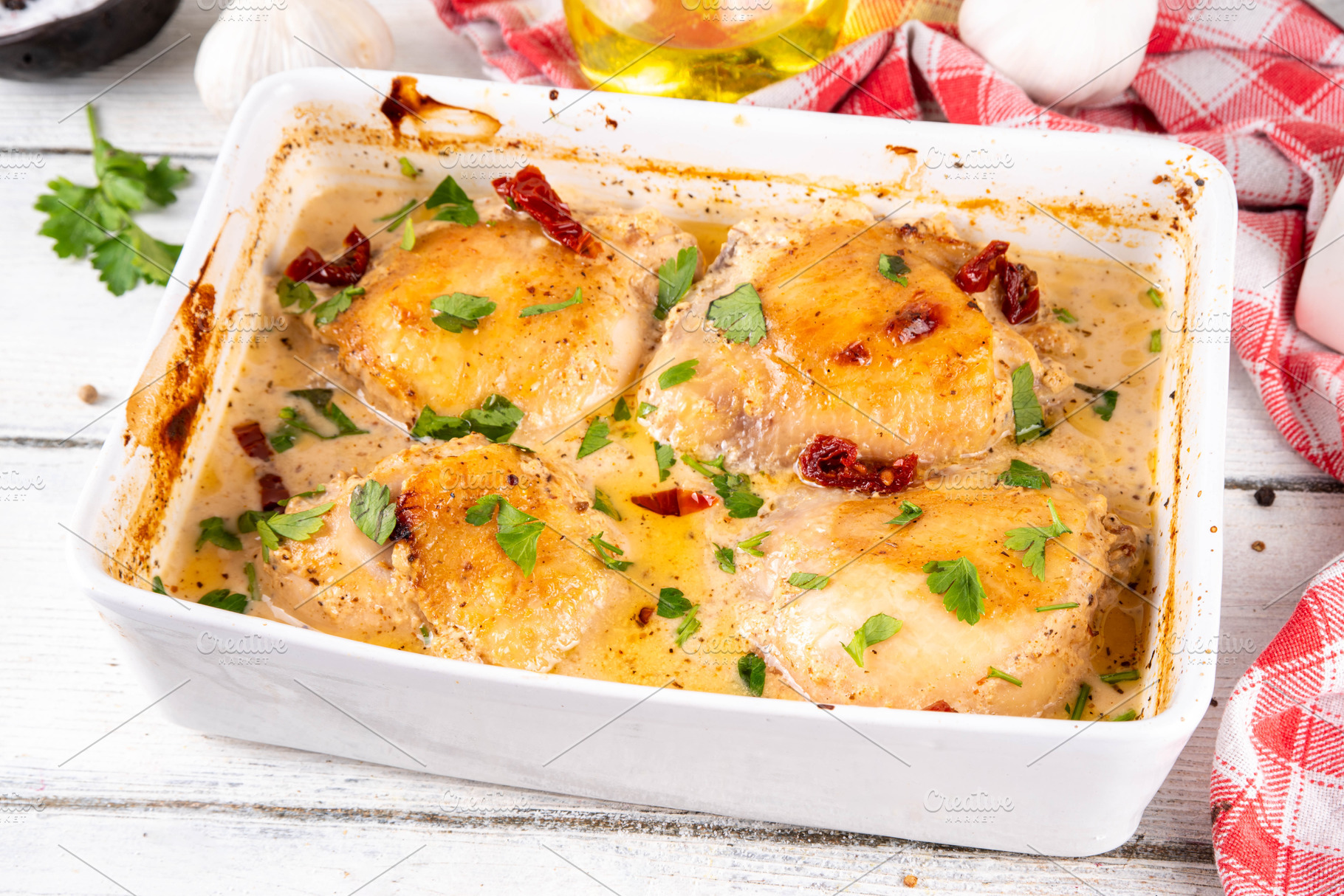 Marry me chicken, baked chicken legs with creamy tomato aromatic, a Food & Drink Photo by Rimma