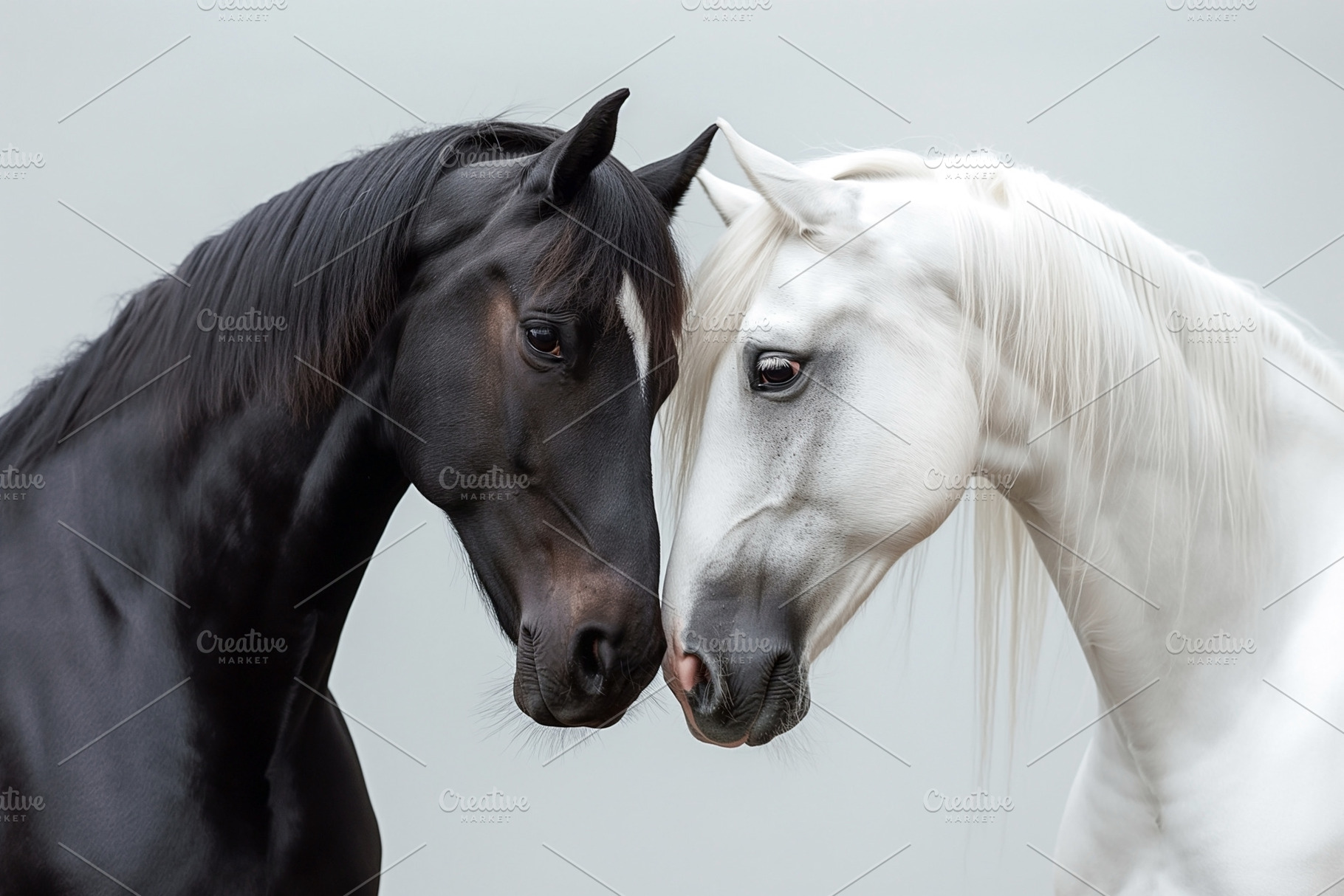 A striking contrast between a black horse and a white horse, their heads gently, an Animal Photo by ImageMir