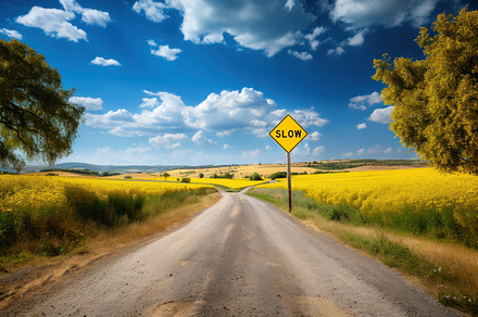 Yellow slow road sign in rural countryside area in US., a Photo by AS photostudio