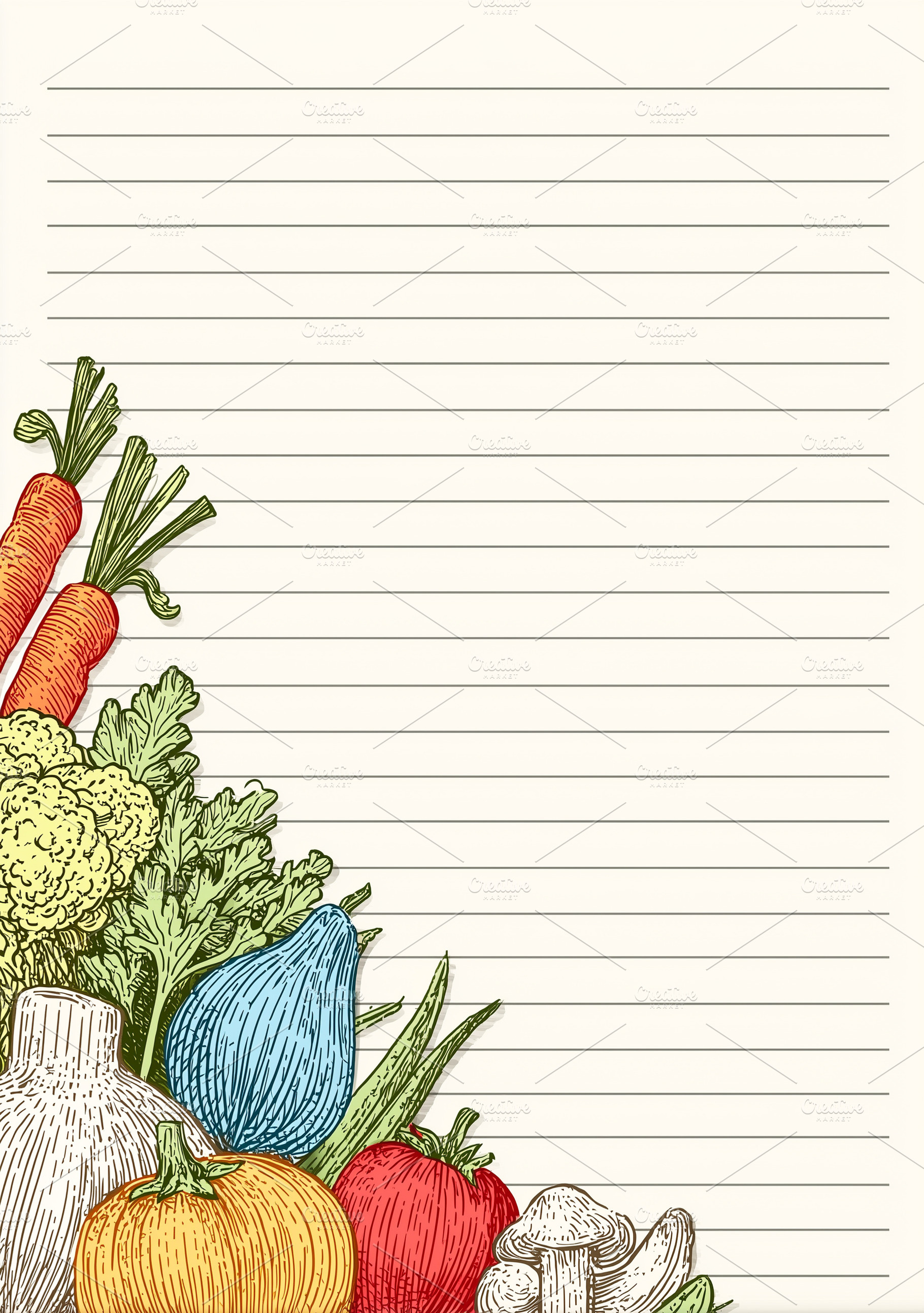 Hand drawn vegetables on lined paper, a Food & Drink Photo by MistyDay