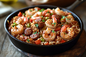 Savory and spicy Cajun jambalaya, a Photo by Pavel_design