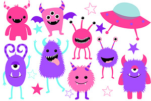 Pink Cute Monster Clip Art Set