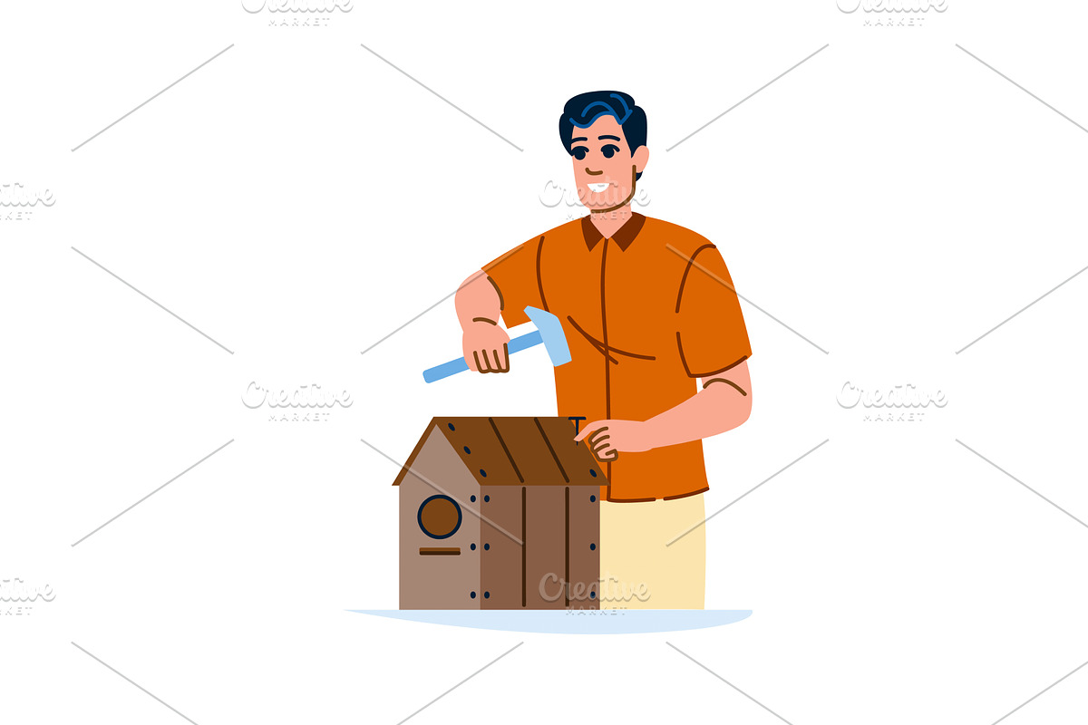 Carpenter building birdhouse with, a Person Illustration by pikepicture