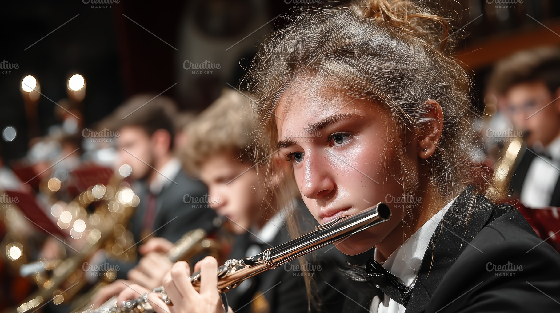 Focused flutist performs during a captivating orchestra concert in formal attir, a Photo by AS photostudio
