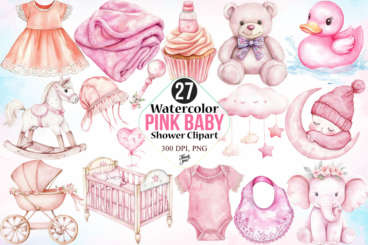 Watercolor Pink Baby Shower Clipart, an Illustration by Canvas Craft (Photo 1 of 3)