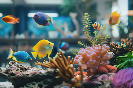 Aquarium with corals, reefs and different fishes swimming in blu, an Animal Photo by AlyaAnd
