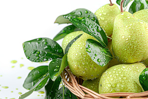 Green pears with leafs in basket on white background, a Food & Drink Photo by AlyaAnd