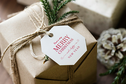 Christmas concept featuring box, card, and celebrate
