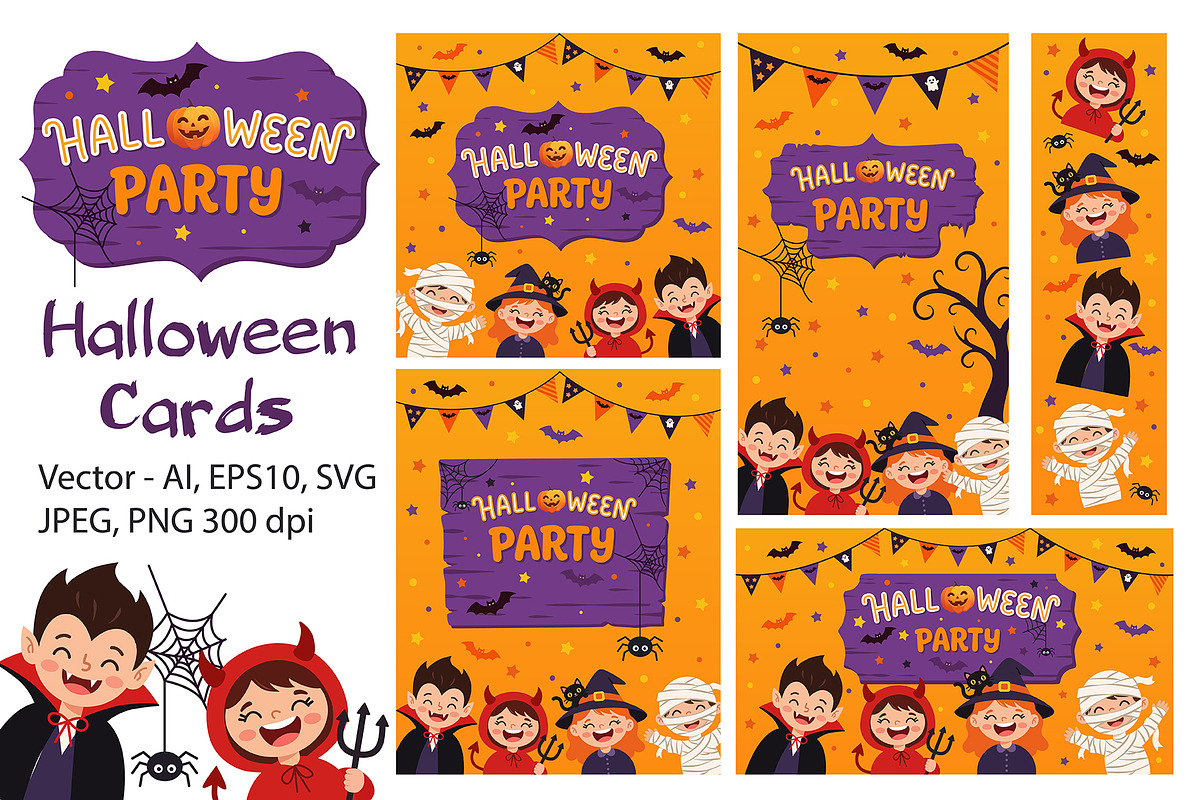 Halloween Party Cards Illustrations, a Seasonal Illustration by Evgeniia (Photo 1 of 4)