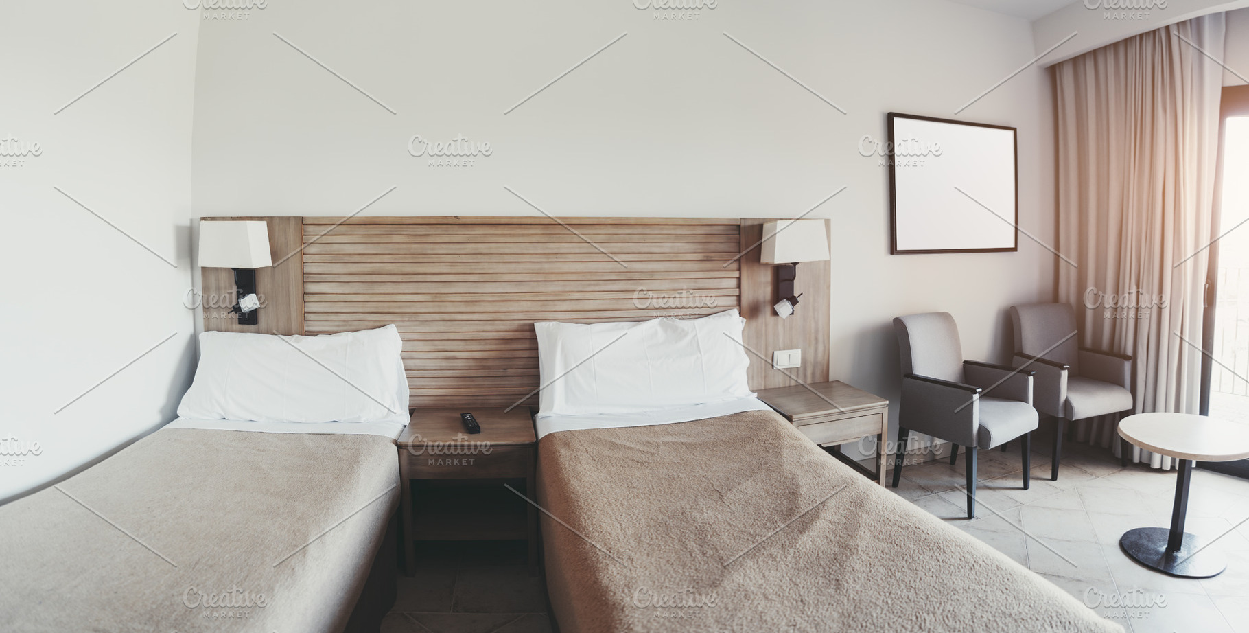 Modern twin hotel room interior view, an Arts & Entertainment Photo by SkyNext
