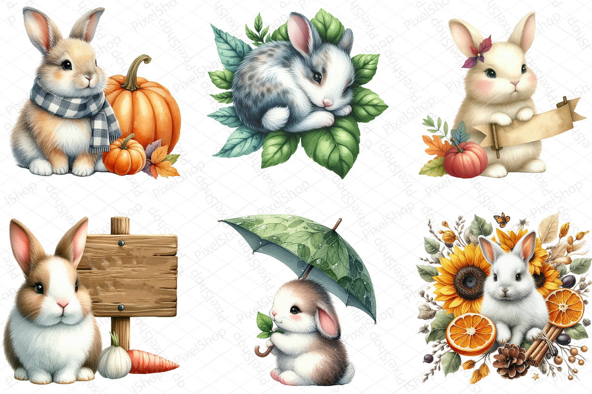 Watercolor Autumn Rabbit Clipart, an Illustration by DreamPrint404 (Photo 4 of 6)
