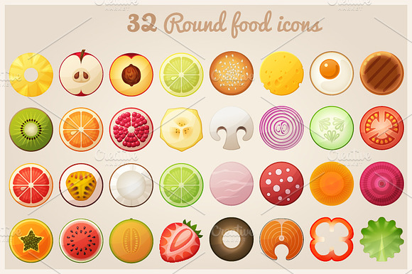 Fruit halves and round food icons preview 2