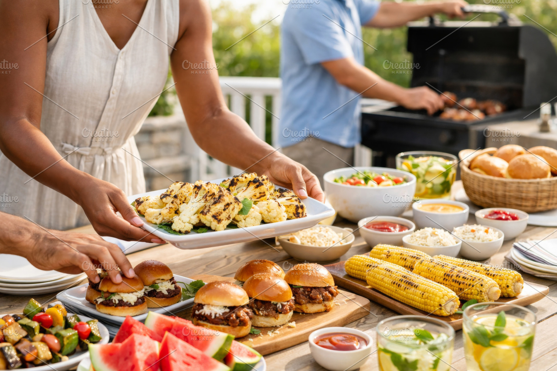 Outdoor vegan bbq with diverse food, a Photo by Dvoevnore photos