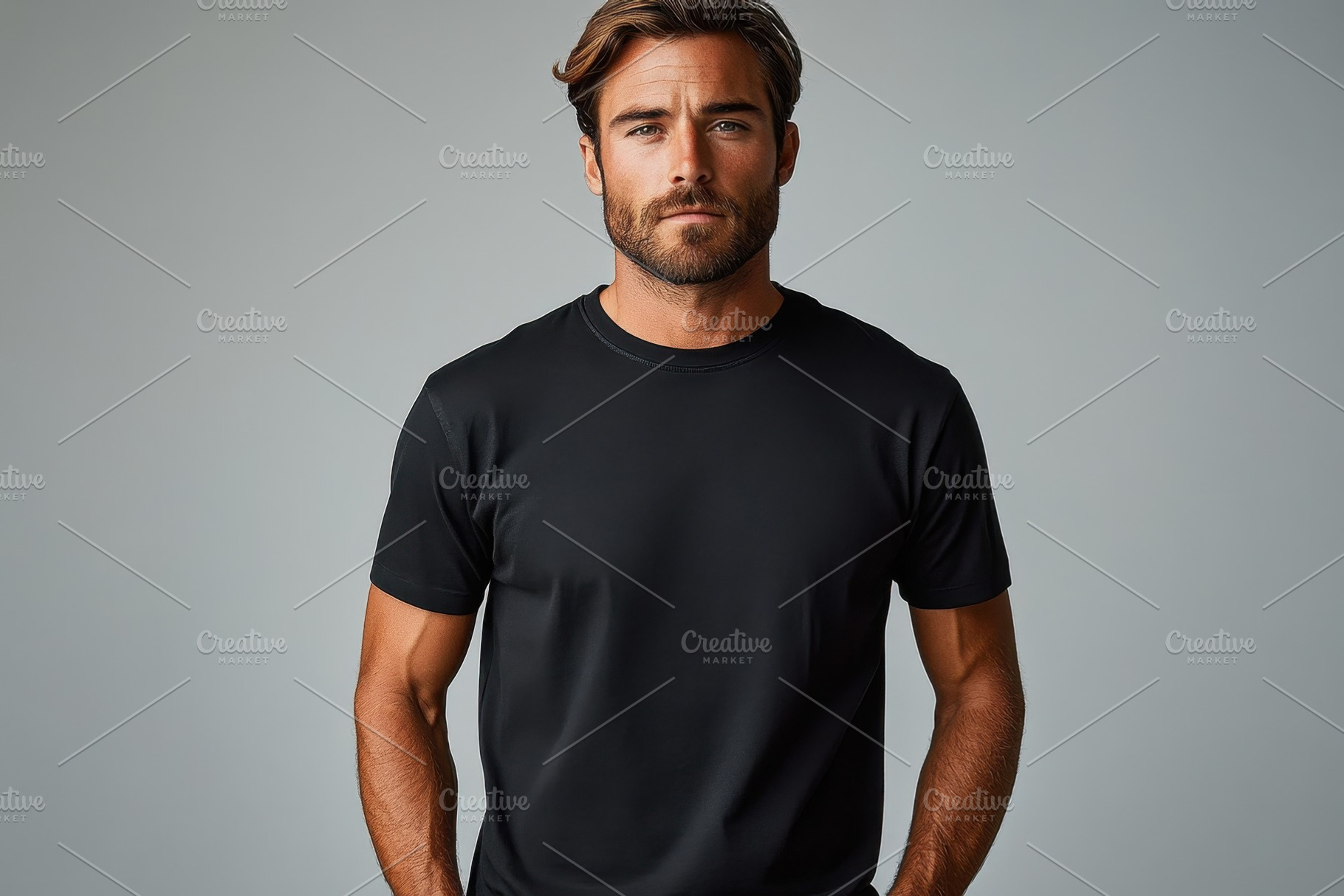 Confident man poses in a black t-shi, a Photo by Tanuart