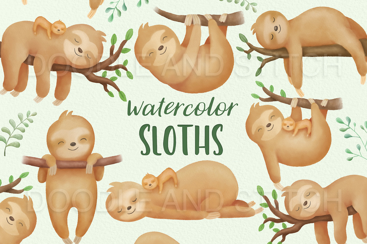 Watercolor Sloths Clipart, an Animal Illustration by Doodle and Stitch (Photo 1 of 2)