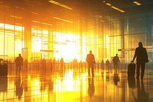 Busy Airport Terminal at Sunset with Silhouetted Travelers, an Abstract Photo by Natalia Klenova's Shop