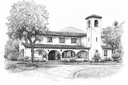 A detailed sketch of a Spanish Colonial house style featuring a tiled roof, arc, an Architecture Photo by Textures & Backgrounds
