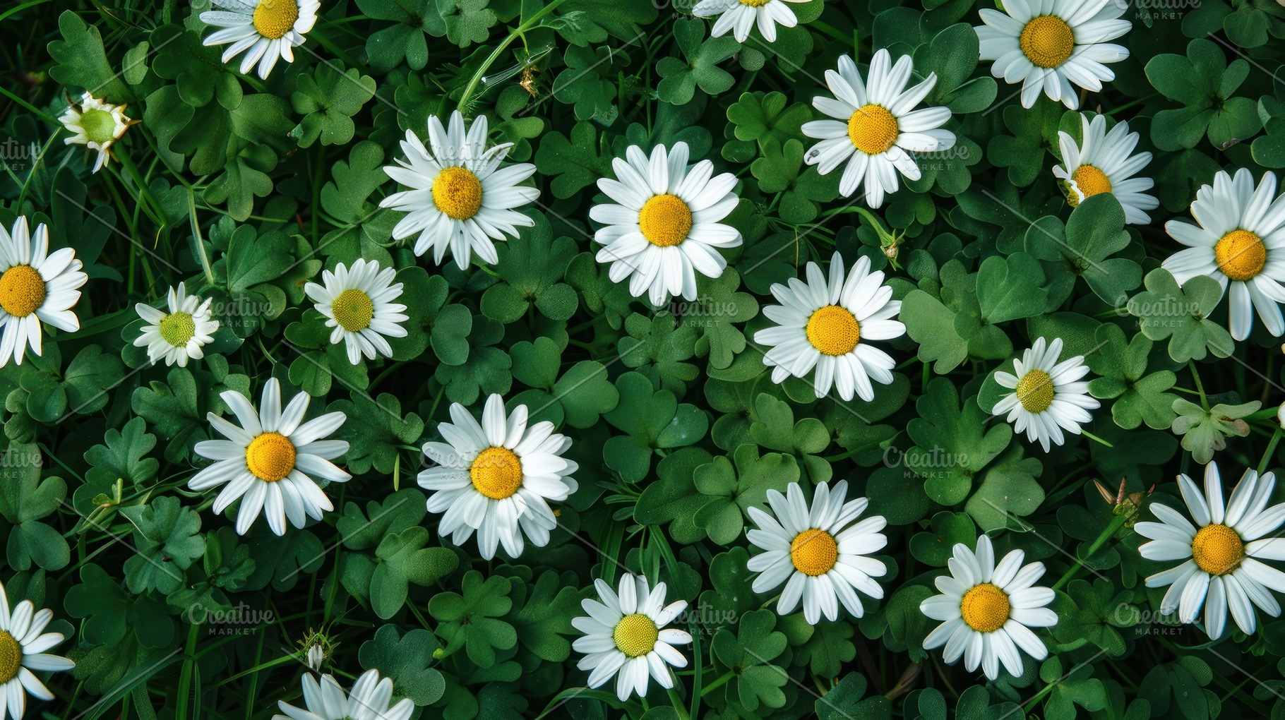 Top View of White Daisies with Yellow Centers and Green Leaves in a Lush Meadow, a Photo by José Manuel Gelpi