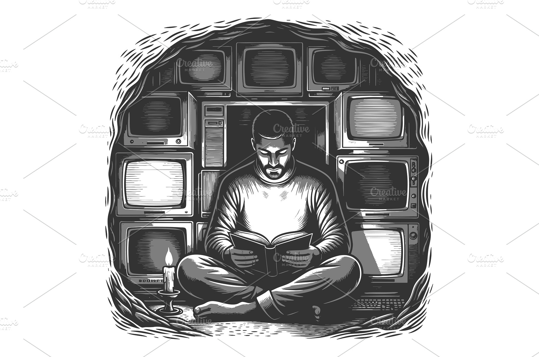 Man reading book in cave surrounded, a Photo by AlexArt