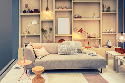 Living room with bookcase containing nobody, lamp, and sofa, an Architecture Photo by ariadna de raadt
