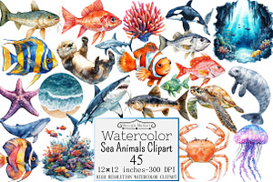 Watercolor Sea Animals Clipart, a Seasonal Illustration by Design Market