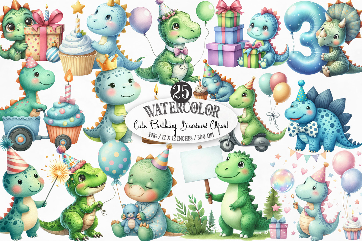 Cute Birthday Dinosaurs Clipart, an Illustration by Designking (Photo 1 of 4)