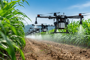 Drones spraying crops in a field agr, a Photo by Pixeness Studio