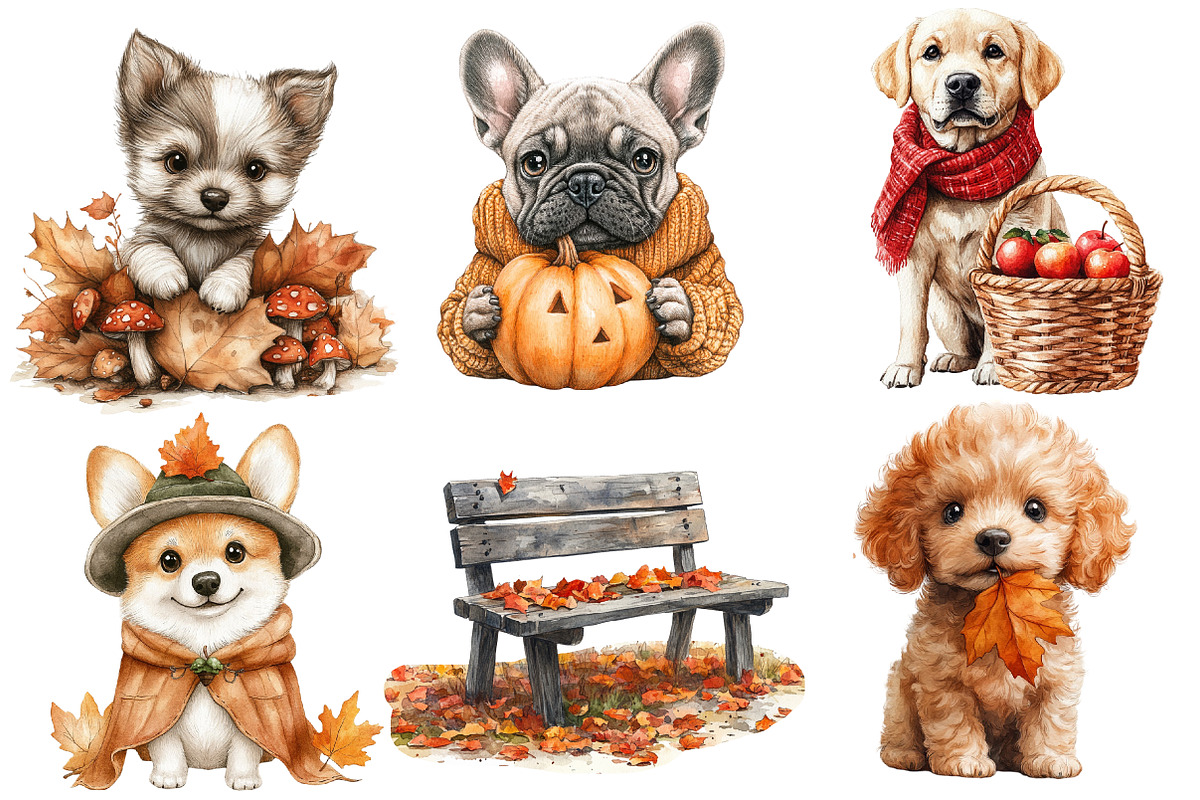 Watercolor Autumn Dog Clipart, an Illustration by Designworld (Photo 2 of 5)