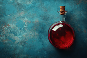 Laboratory glassware with red liquid on green color background, a Photo by AlyaAnd