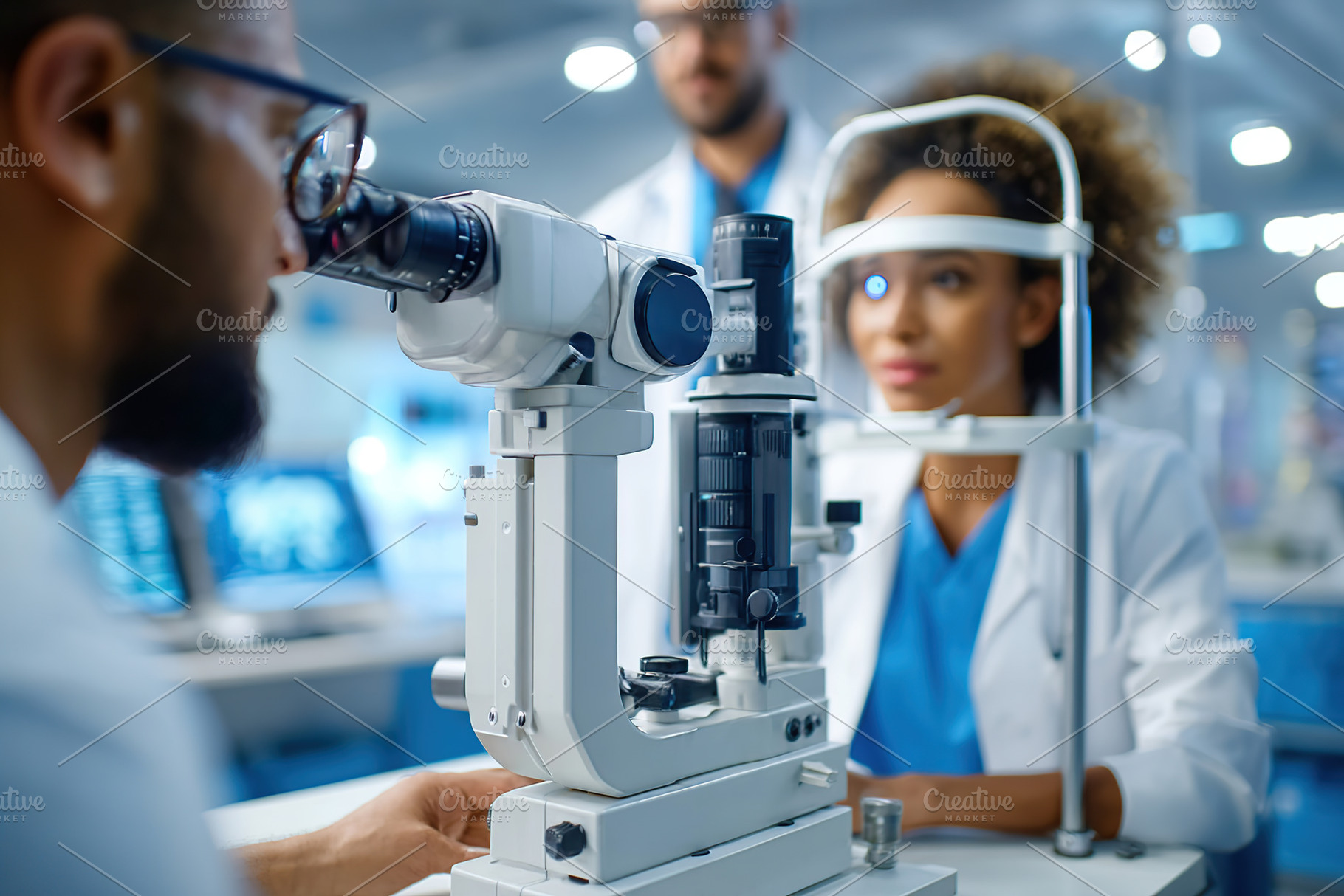 Diagnostic machine scans patient for eye examination in a modern clinic setting, a Technology Photo by AlyaAnd