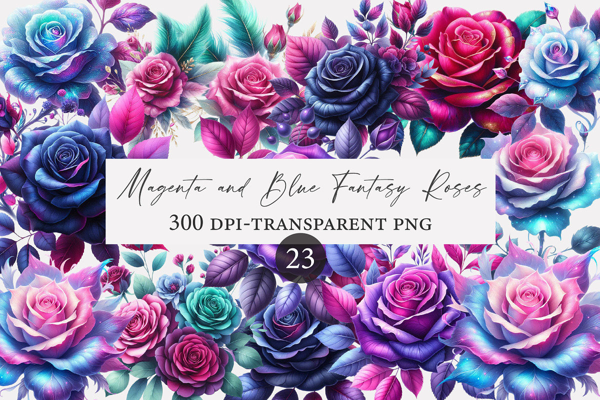 Magenta and Blue Fantasy Roses clipa, an Illustration by Designworld (Photo 1 of 5)