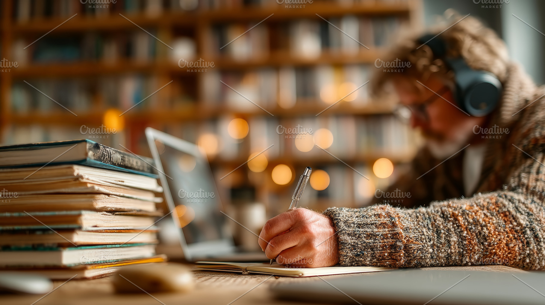 Man writing in a library with books and laptop while focused, a Photo by AS photostudio