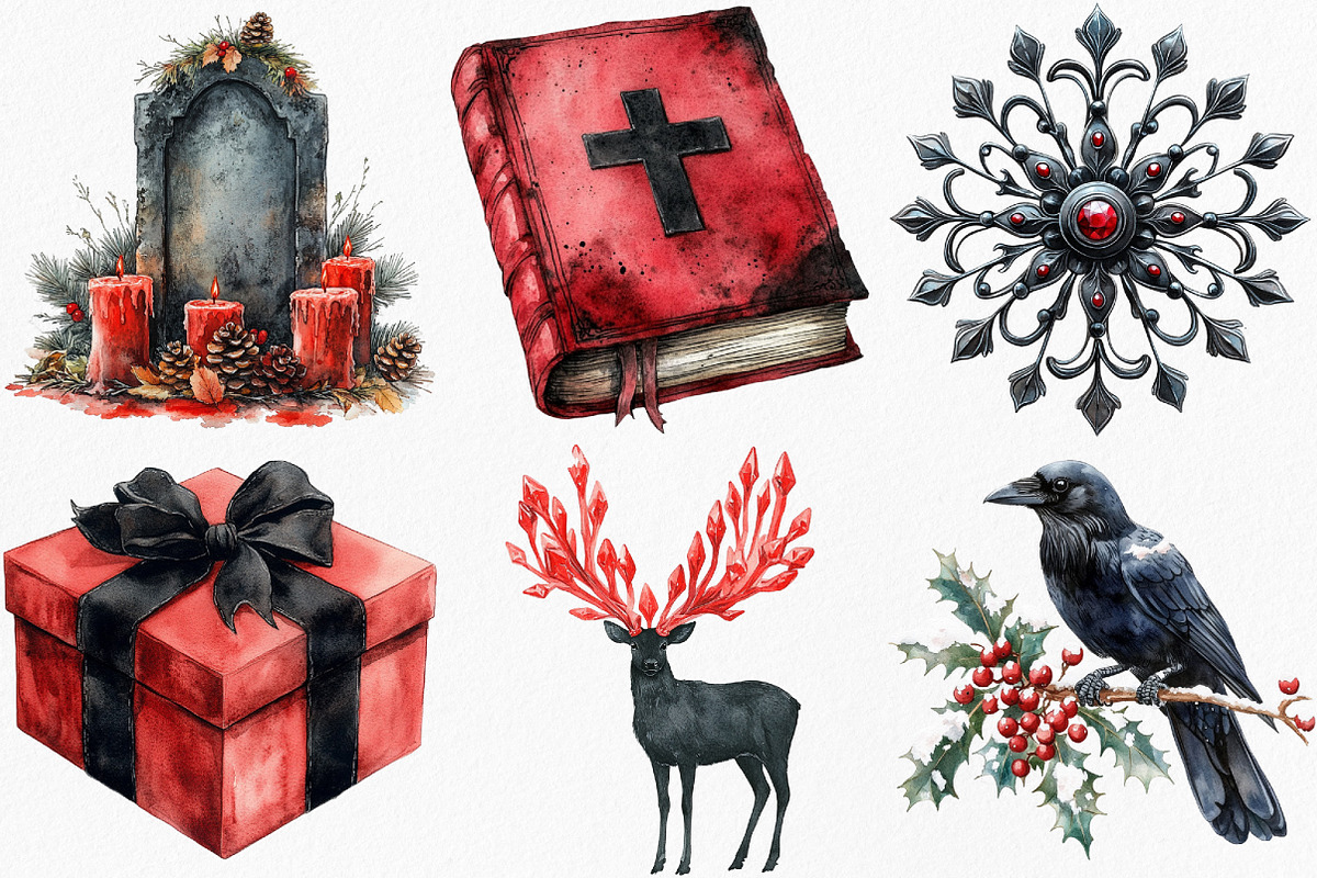 Watercolor Gothic Christmas Clipart, an Illustration by Canvas Craft (Photo 3 of 7)