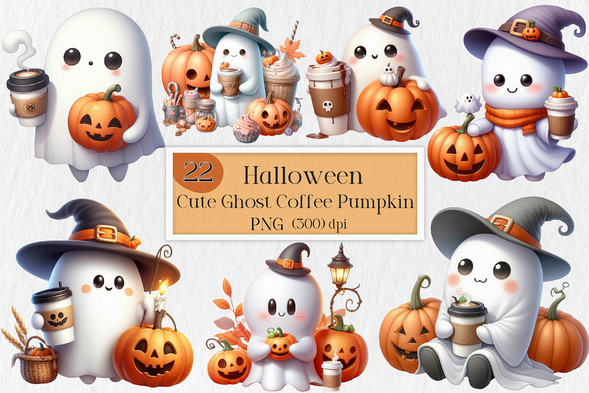 Cute Ghost Coffee Pumpkin Halloween, an Illustration by Creative Art (Photo 1 of 5)