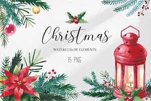 Watercolor Christmas Clipart, 35 PNG