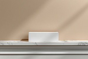 Minimalist white box on a marble shelf against a soft beige wall, highlighting, a Background Photo by ImageMir