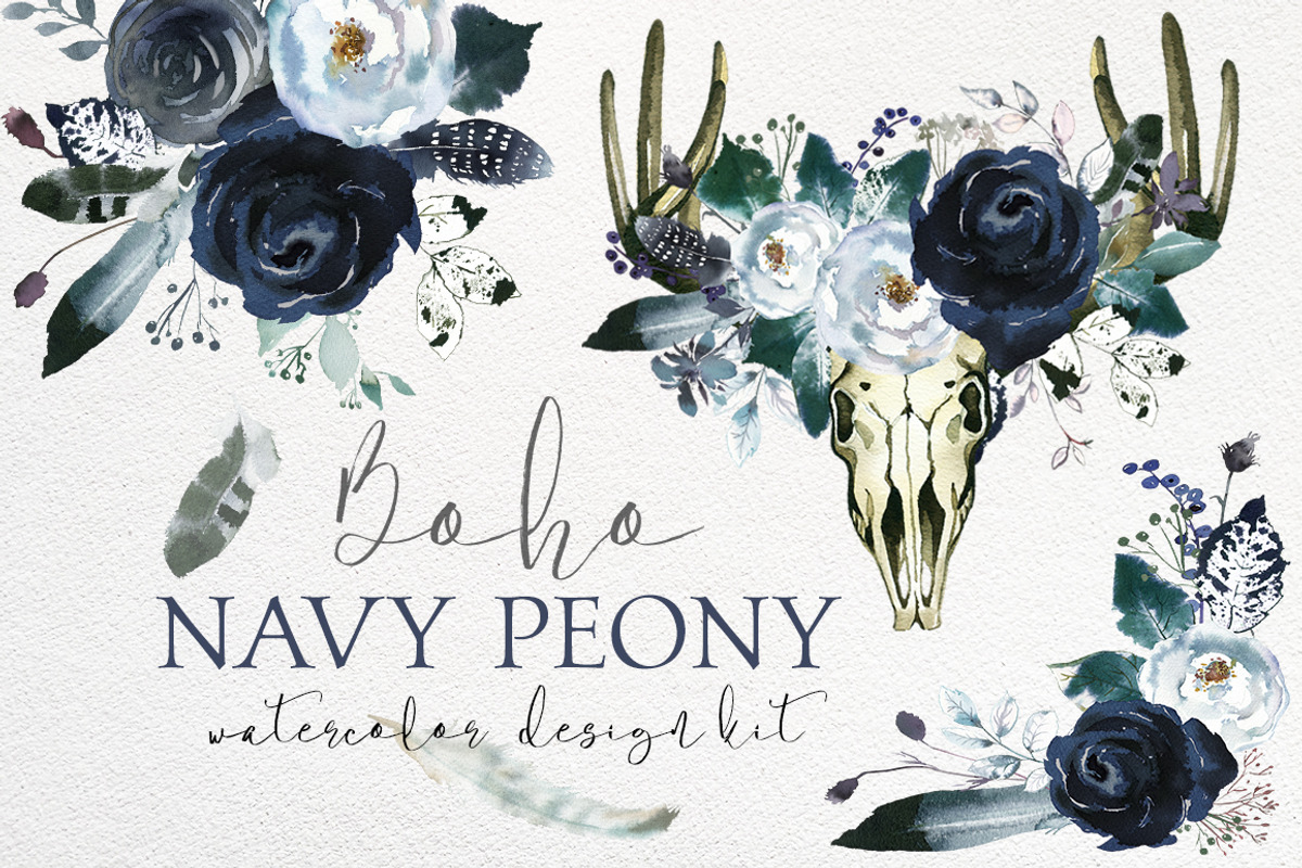 Boho Navy Peony Floral Clipart, a Decorative Illustration by whiteheartdesign (Photo 1 of 9)