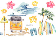 Surfing watercolor clipart set, an Illustration by Vivitta (Thumbnail 4 of 9)