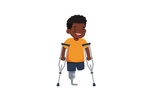 Happy young boy with crutches and a, an Illustration by designvectx