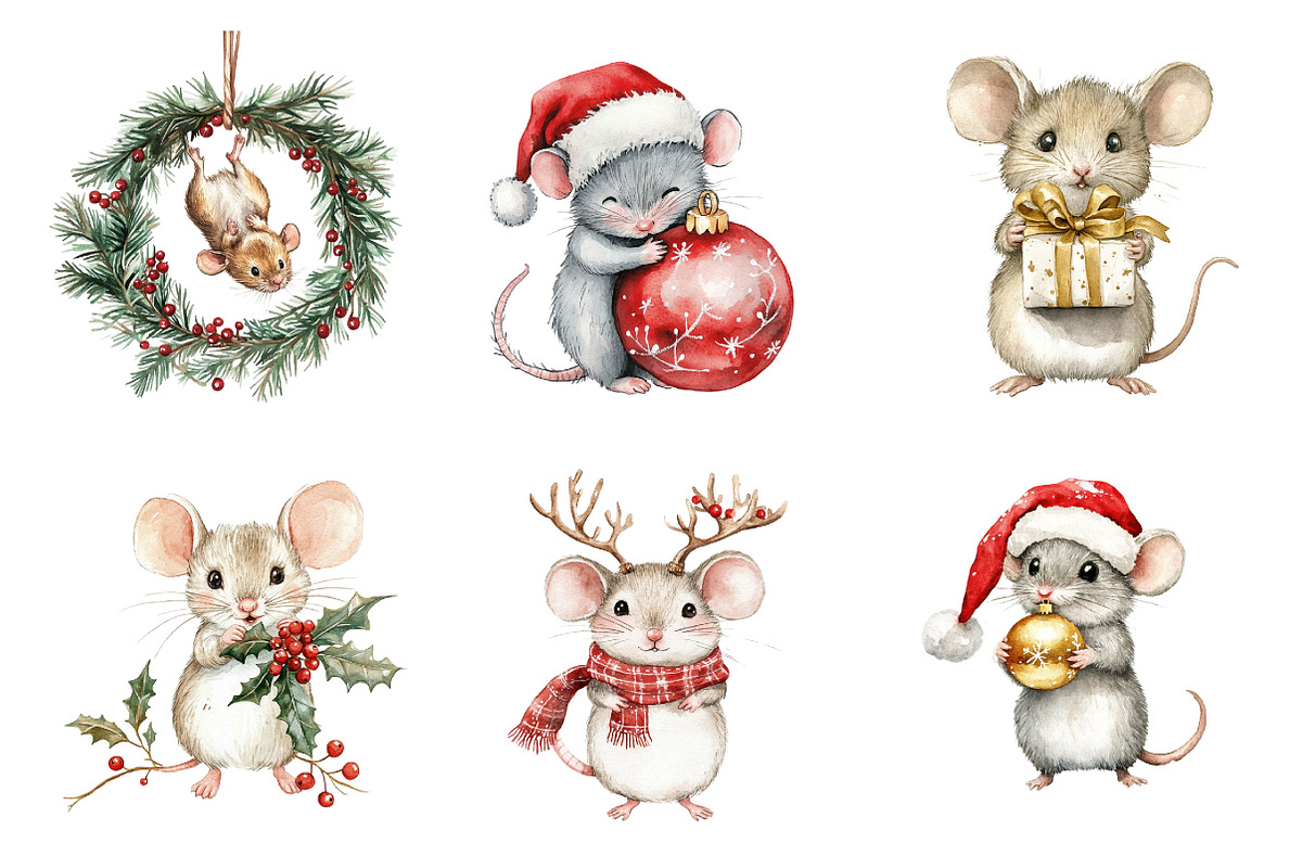 Whimsical Christmas Mouse Clipart, a Seasonal Illustration by Designking (Photo 2 of 4)