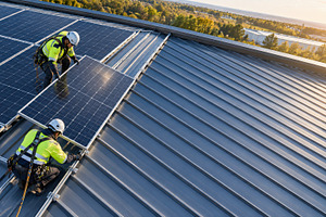Workers install solar panels on roof