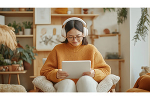Asian woman wearing headphones, a Person Photo by Sergey Kotenev