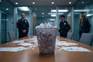 Investigation in a conference room with crumpled papers, a Business Photo by AlyaAnd