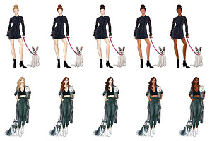 Girls With Dogs Fashion Clipart Set