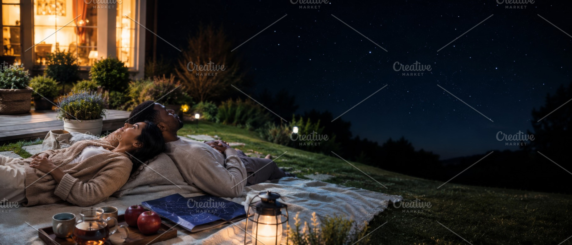 Couple stargazing under night sky pr, a Photo by Dvoevnore photos